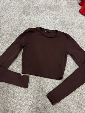 Zara Brown Cropped Long-Sleeve Crewneck Top